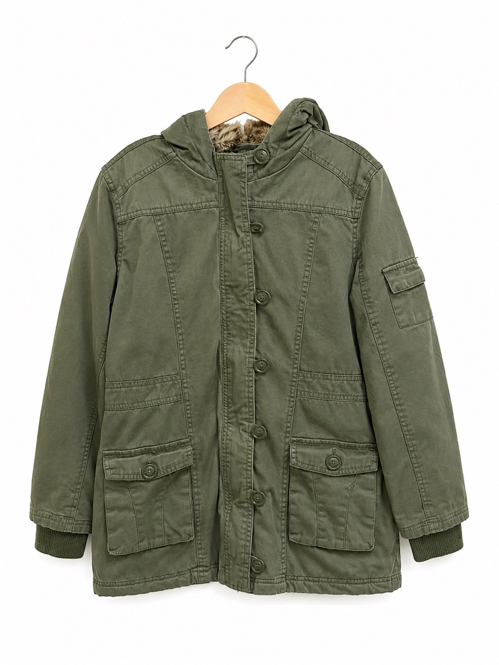 Justice Girls Olive Green Hooded Utility Anorak Jacket Faux Fur‎ Lined 12/14